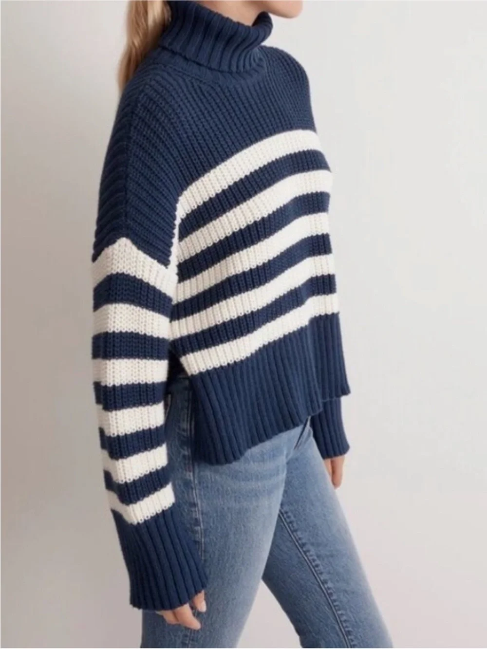 Cotton Striped Navy and White Turtleneck Sweater